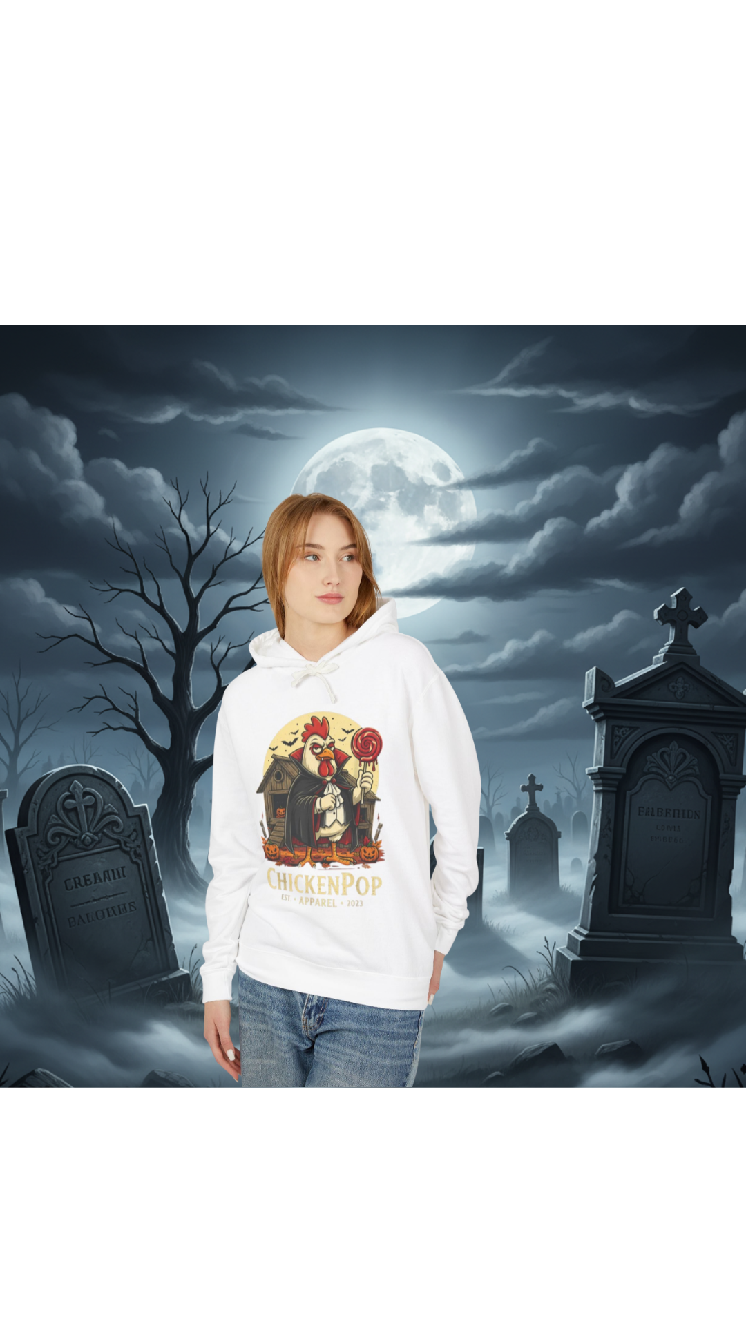 ChickenPop Vampire Rooster Halloween Hoodie Unisex w/o pouch. Perfect For Fall