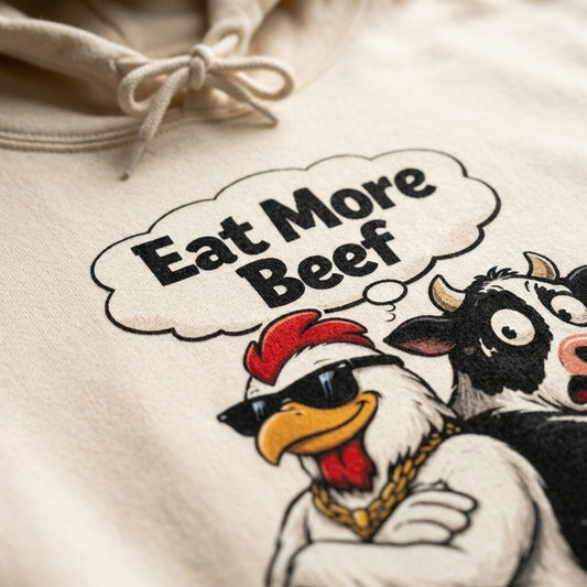 Eat More Beef Hoodie – Funny Chicken & Cow Graphic Hoodie | Farm Humor Sweatshirt | Unisex Lightweight Hoodie | ChickenPop Apparel