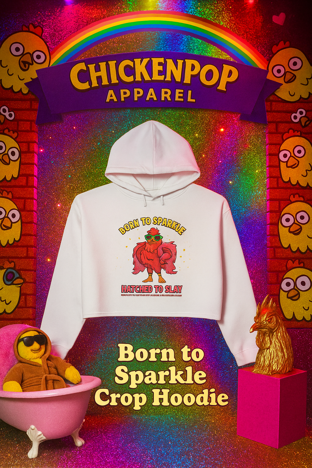 Glitter Chick Crop Hoodie - Born to Sparkle and Hatched to Slay - Pride Month Collection