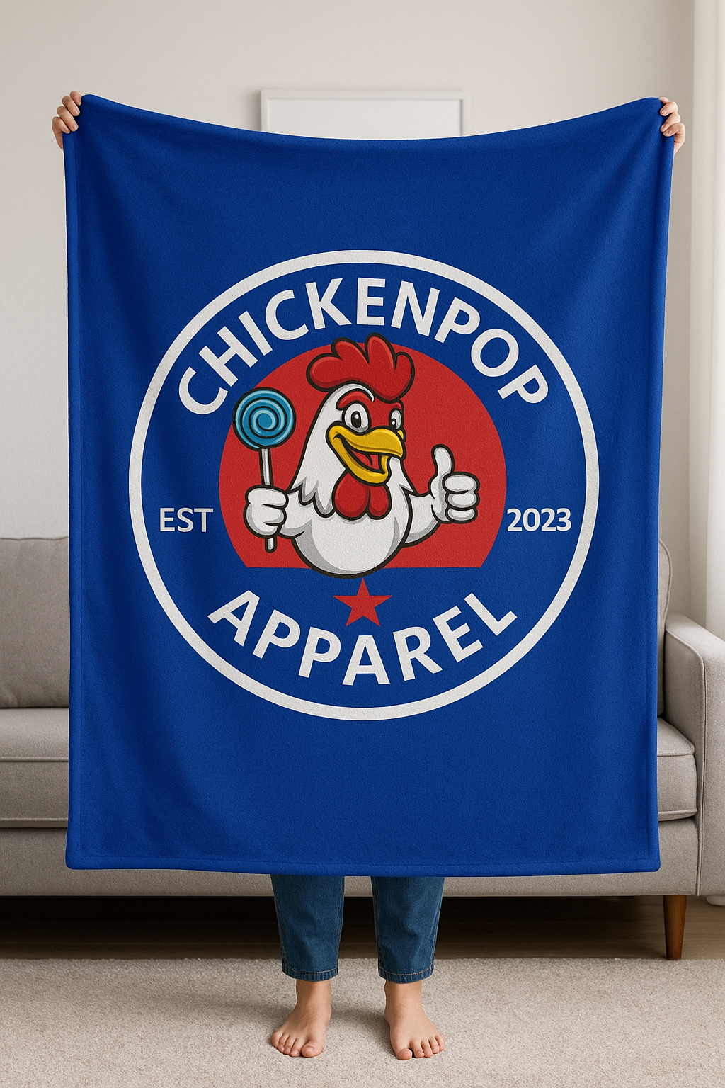 ChickenPop Original Logo Velveteen Plush Blanket Royal Blue