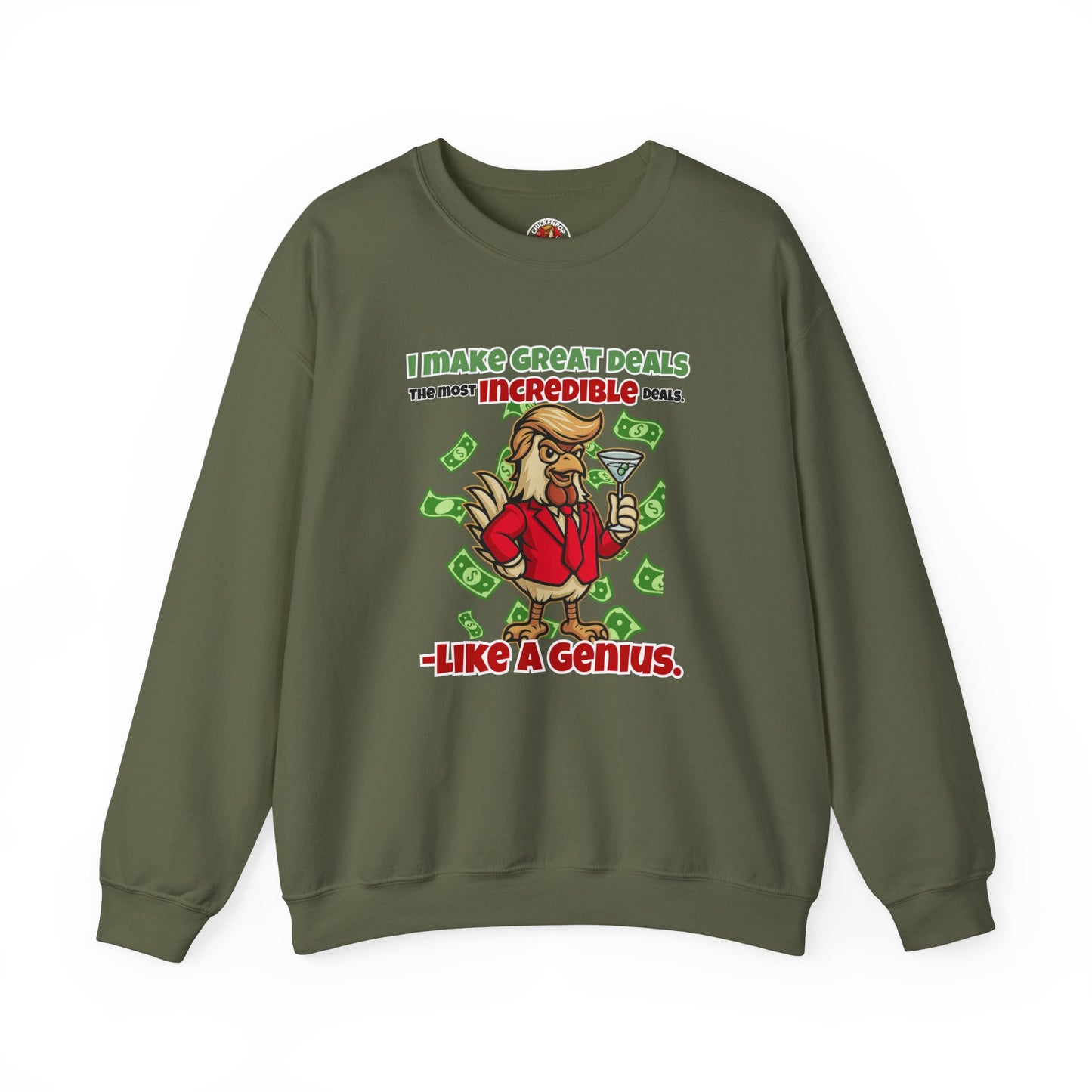 Like A Genius Crewneck Sweatshirt – Funny Political Graphic Pullover | Unisex Heavy Blend with ChickenPop Logo | Ethically Made & Cozy Cold-Weather Humor
