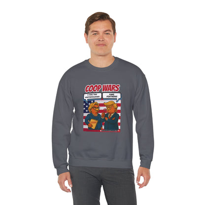 Coop Wars Crewneck Sweatshirt – Funny Political Graphic Pullover | Unisex Heavy Blend with ChickenPop Logo | Ethically Made & Cozy Cold-Weather Humor