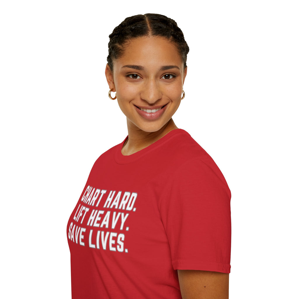 Chart Hard. Lift Heavy. Save Lives. Nurse Tee | Funny Fitness Healthcare Worker Shirt | Gym RN Apparel