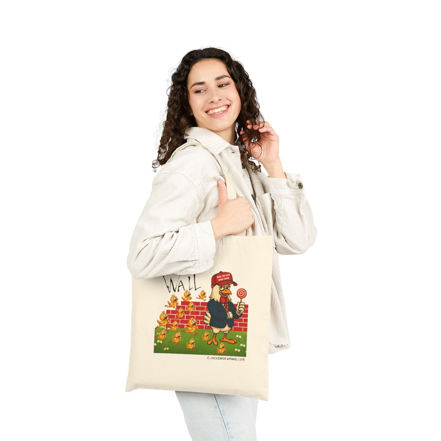 Another Chick Thru The Wall Canvas Tote Bag – Funny Political Chicken Graphic | Heavy-Duty Cotton in Natural or Black | Reusable Eco Satire Shopper