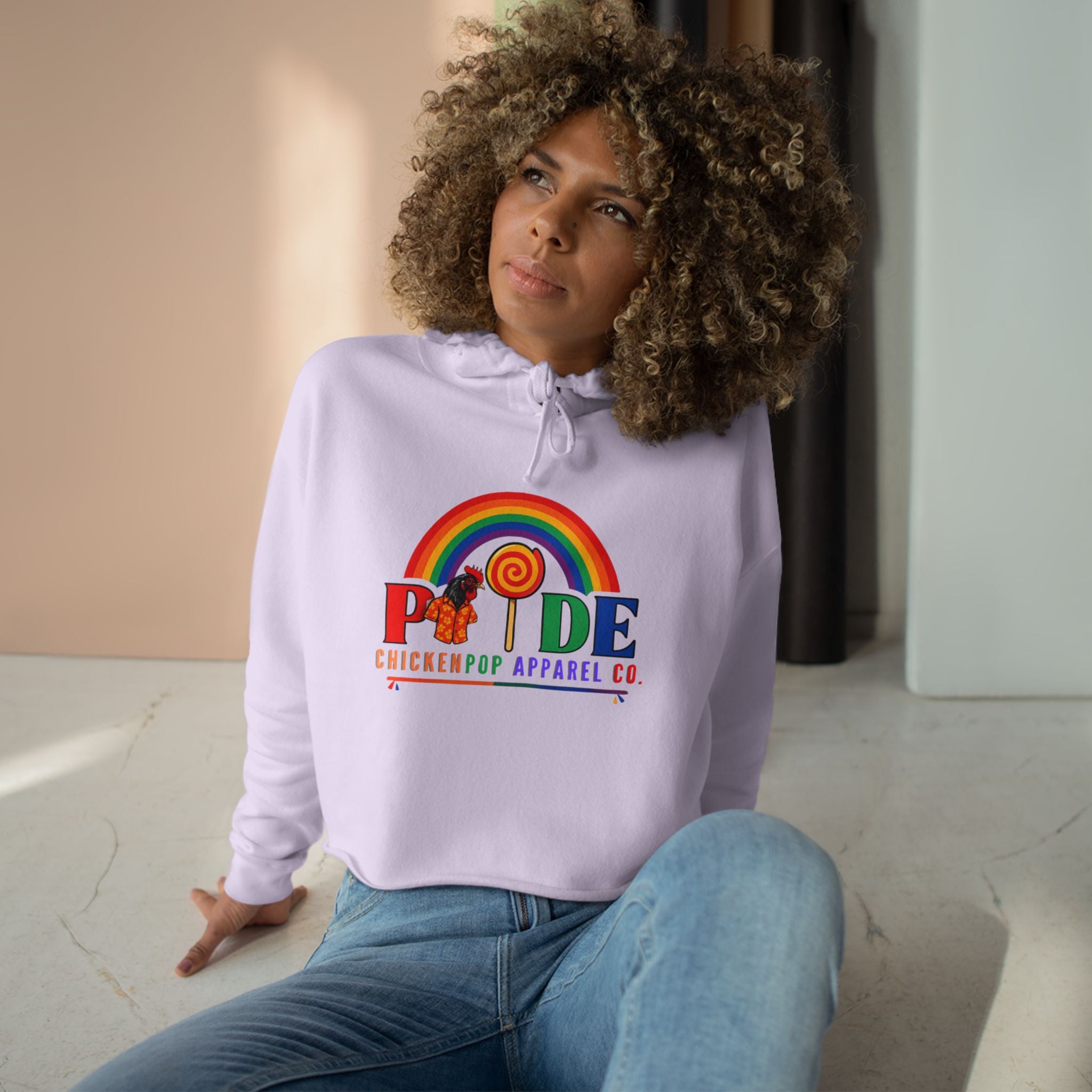 Big Chick Energy™ Pride Cropped Hoodie – Rainbow LGBTQ+ Logo with Coop Daddy & Lollipop Icon | ChickenPop Apparel