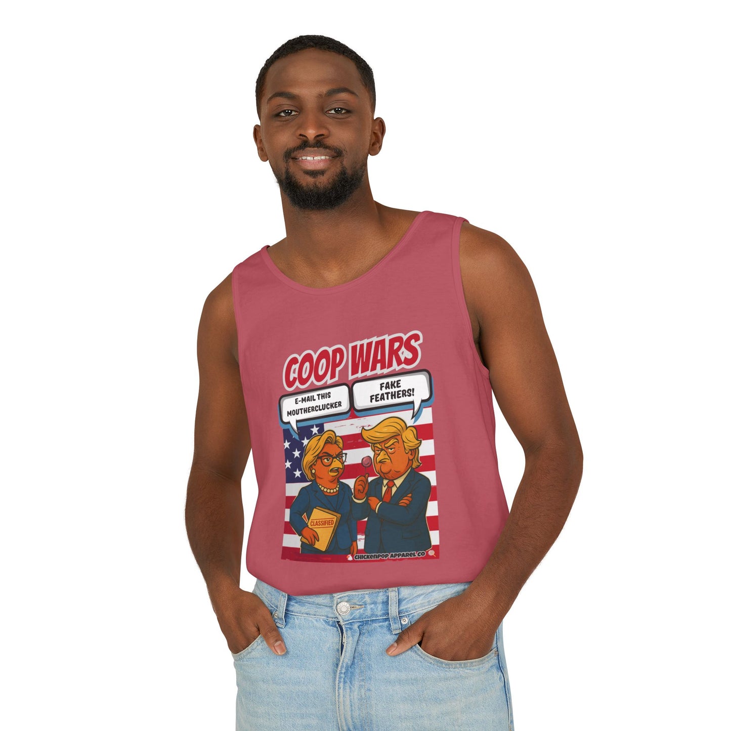 Coop Wars™ Unisex Tank Top – Hilaregg Cluckton vs. Cock-a-Doodle-Don | Political Satire Sleeveless Tee