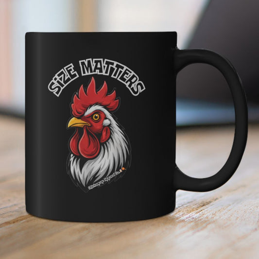 Size Matters Chickenpop Apparel Coffee Mug – Bold Black Chicken Coffee Mug with Slogan | ChickenPop Apparel Ceramic Cup (11oz & 15oz)