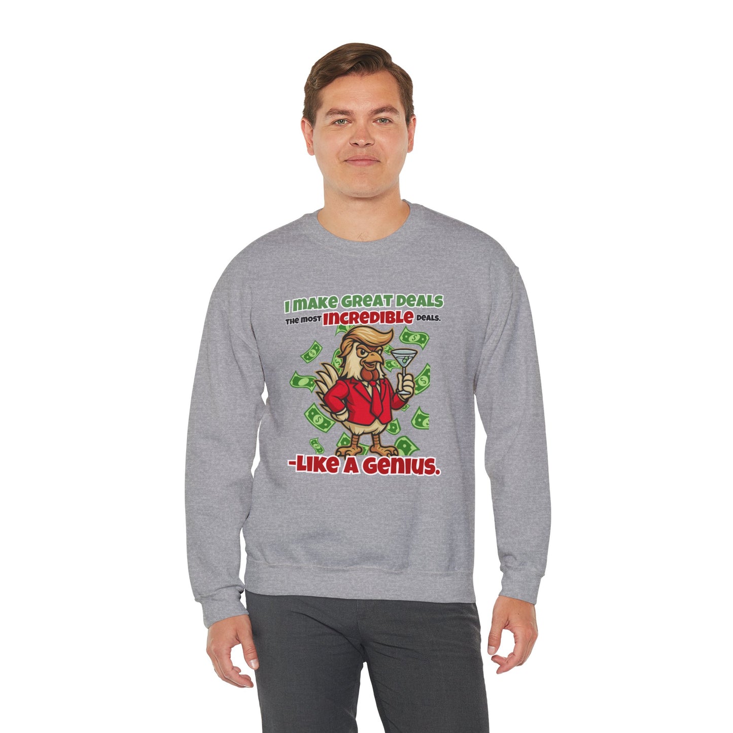 Like A Genius Crewneck Sweatshirt – Funny Political Graphic Pullover | Unisex Heavy Blend with ChickenPop Logo | Ethically Made & Cozy Cold-Weather Humor