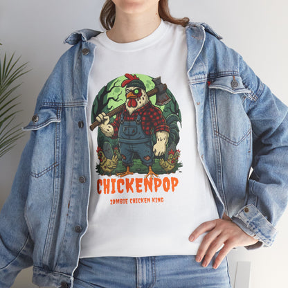 Zombie Chicken Shirt - King Halloween T-Shirt features a cartoon zombie chicken in overalls with axe and chicks, perfect for spooky costume parties.