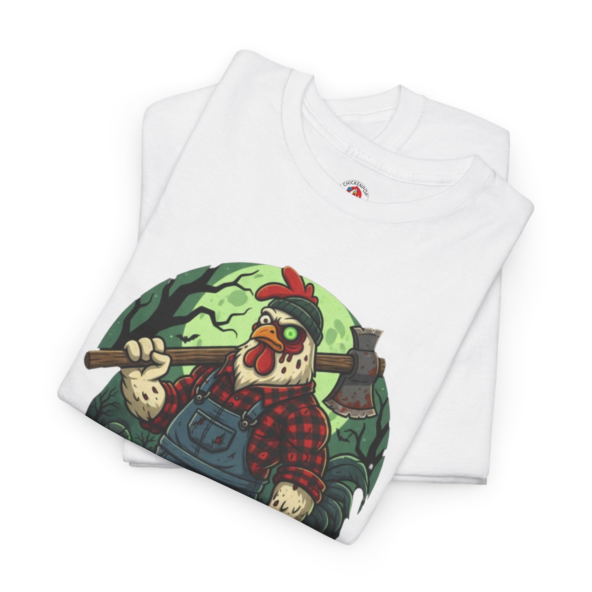 Zombie Chicken Shirt - King Halloween T-Shirt features a spooky chicken in overalls with an axe, perfect for horror fans and costume parties.