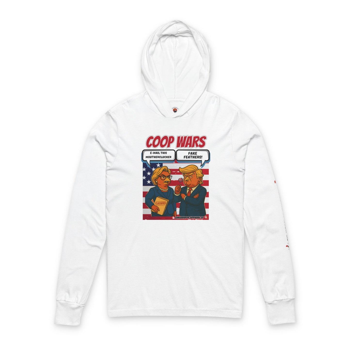 Coop Wars Long Sleeve Hooded T-Shirt – Unisex Lightweight Hoodie Tee with ChickenPop Sleeve Logo | Funny Political Graphic Pullover for Everyday Rebels