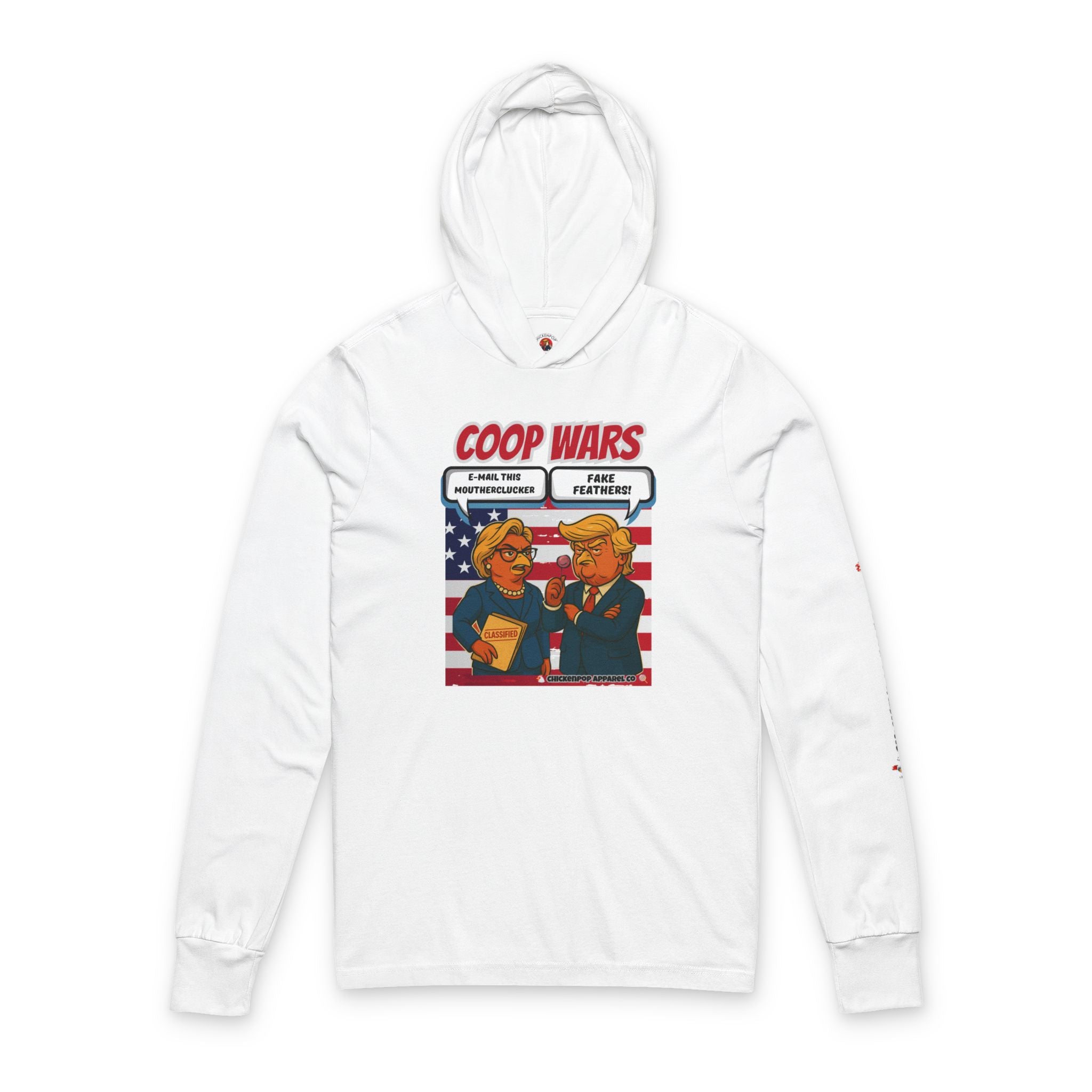Coop Wars Long Sleeve Hooded T-Shirt – Unisex Lightweight Hoodie Tee with ChickenPop Sleeve Logo | Funny Political Graphic Pullover for Everyday Rebels