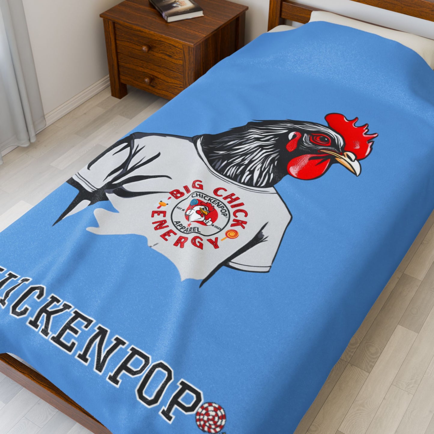 Giant Rooster Velveteen Plush Blanket Light Blue,