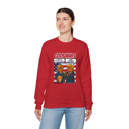 Coop Wars Crewneck Sweatshirt – Funny Political Graphic Pullover | Unisex Heavy Blend with ChickenPop Logo | Ethically Made & Cozy Cold-Weather Humor