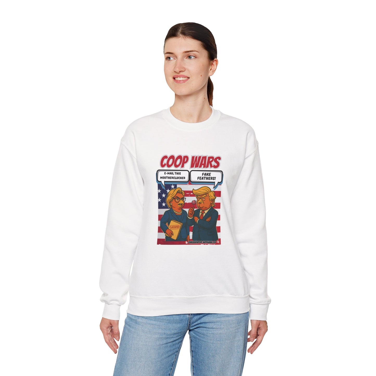 Coop Wars Crewneck Sweatshirt – Funny Political Graphic Pullover | Unisex Heavy Blend with ChickenPop Logo | Ethically Made & Cozy Cold-Weather Humor