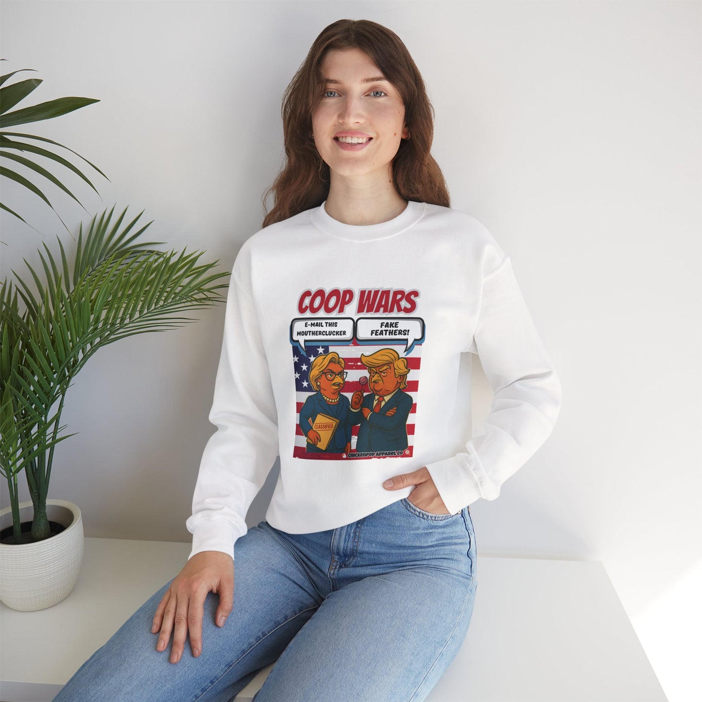 Coop Wars Crewneck Sweatshirt – Funny Political Graphic Pullover | Unisex Heavy Blend with ChickenPop Logo | Ethically Made & Cozy Cold-Weather Humor
