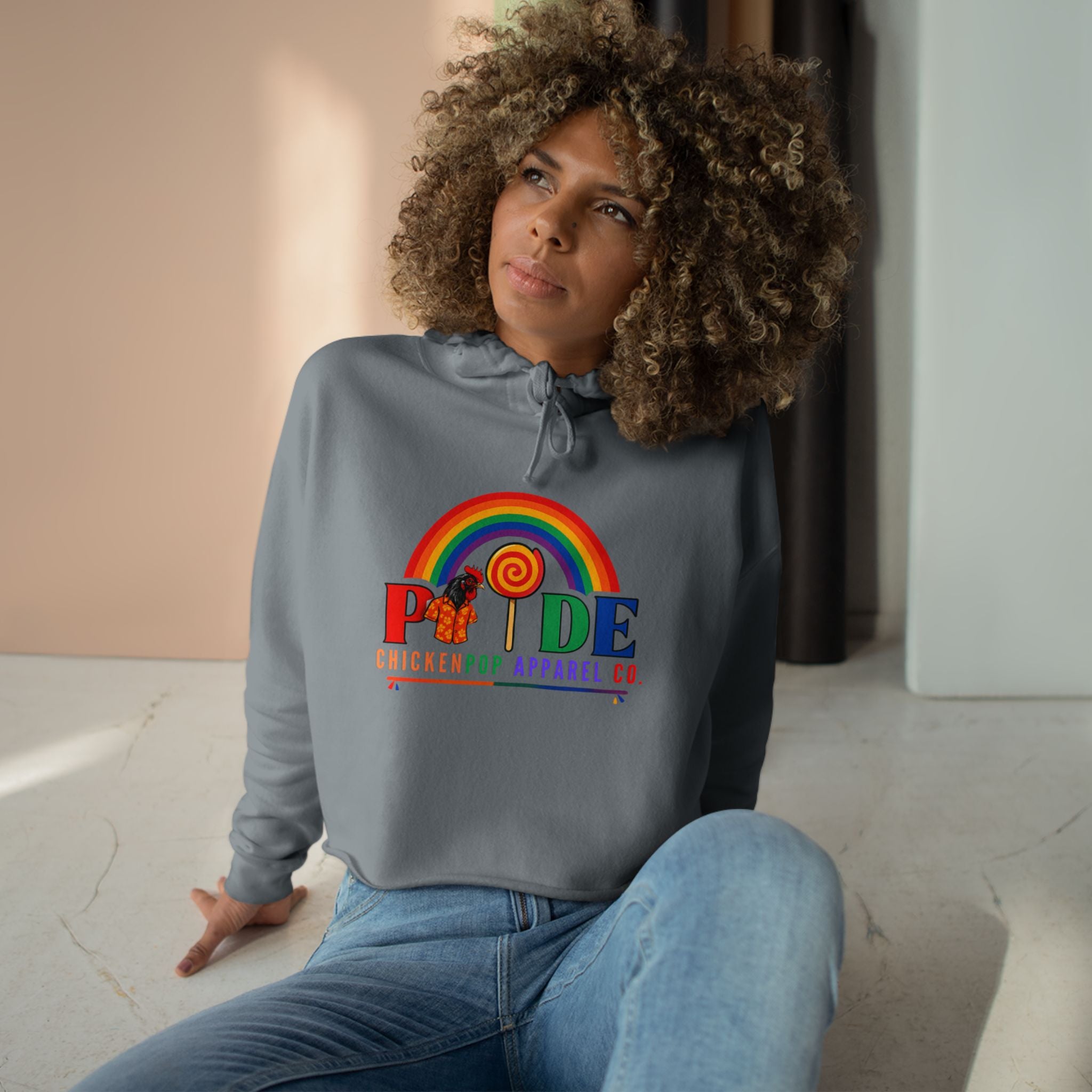 Big Chick Energy™ Pride Cropped Hoodie – Rainbow LGBTQ+ Logo with Coop Daddy & Lollipop Icon | ChickenPop Apparel