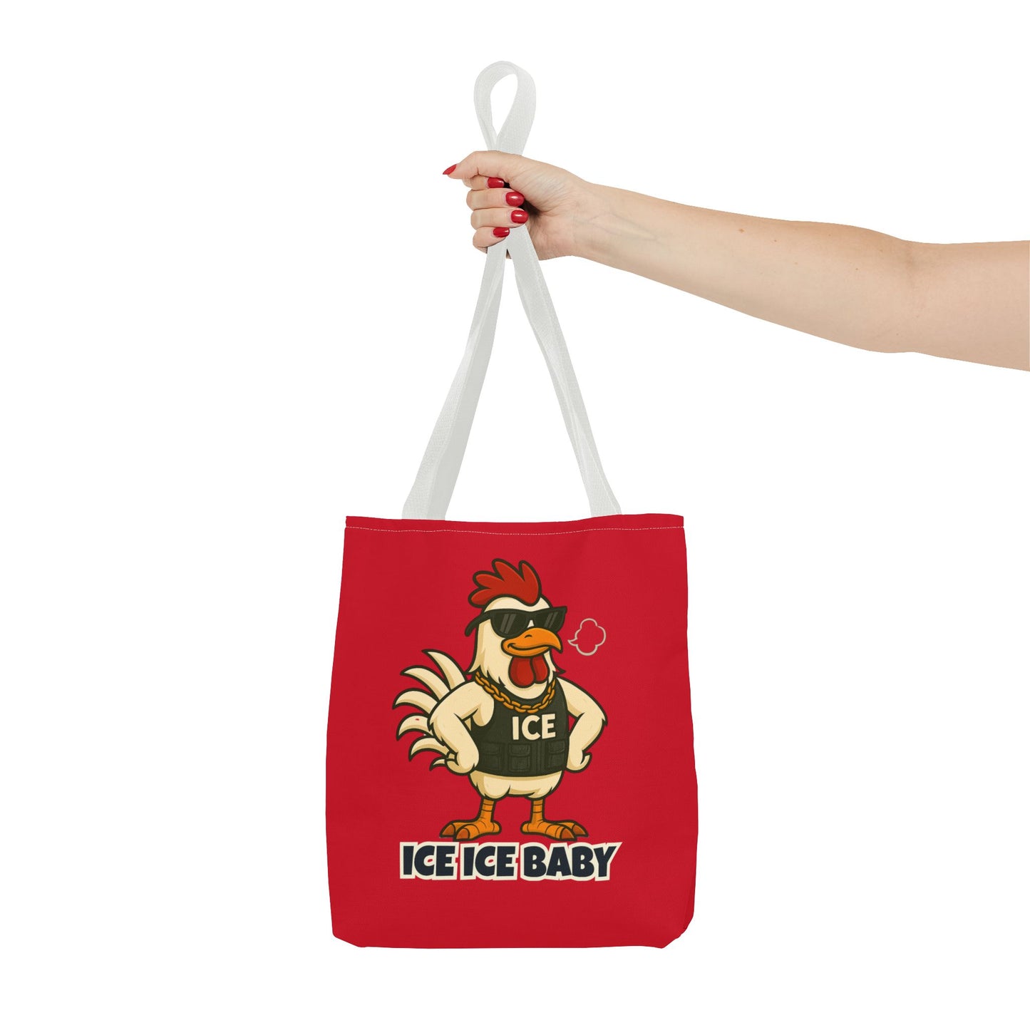 Ice Ice Baby Chicken Tote Bag – Funny Coop Daddy Design, Bold Red Reusable Shopping Bag