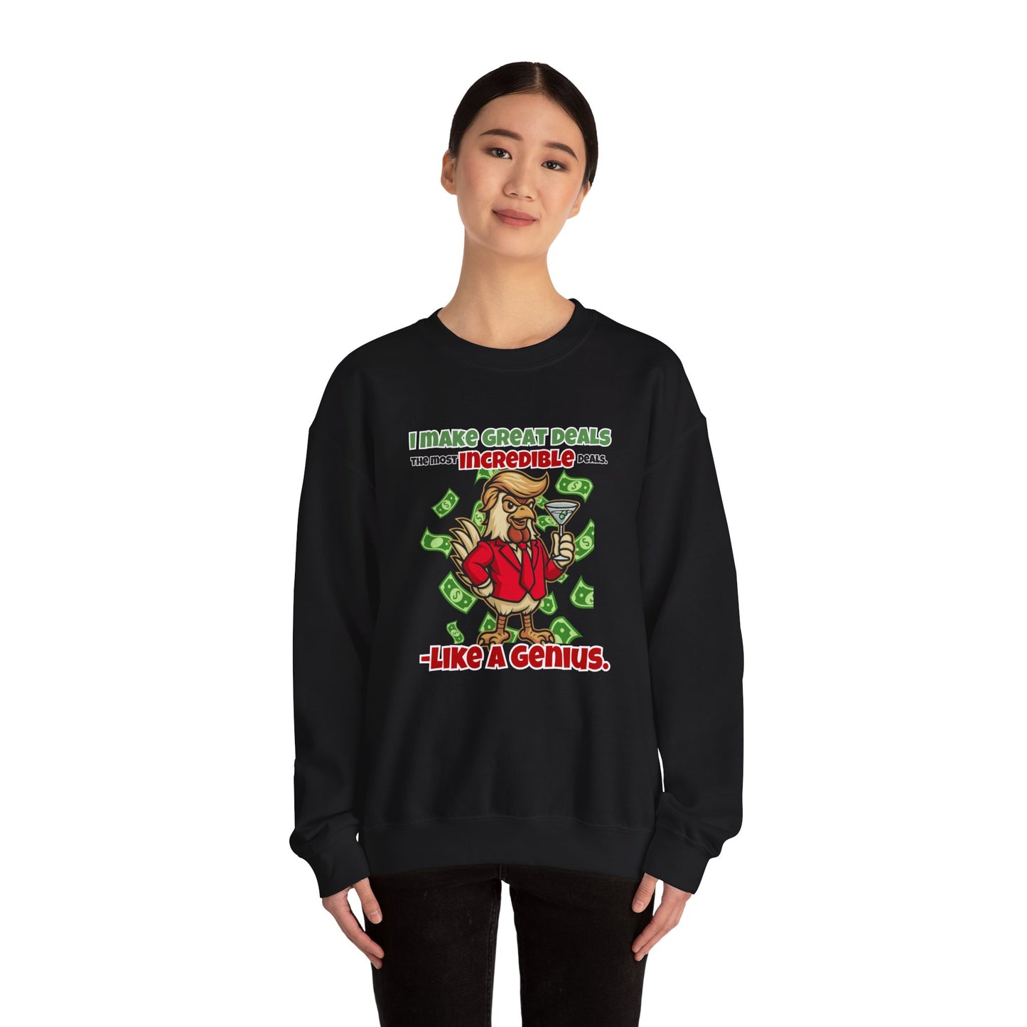 Like A Genius Crewneck Sweatshirt – Funny Political Graphic Pullover | Unisex Heavy Blend with ChickenPop Logo | Ethically Made & Cozy Cold-Weather Humor