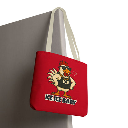 Ice Ice Baby Chicken Tote Bag – Funny Coop Daddy Design, Bold Red Reusable Shopping Bag