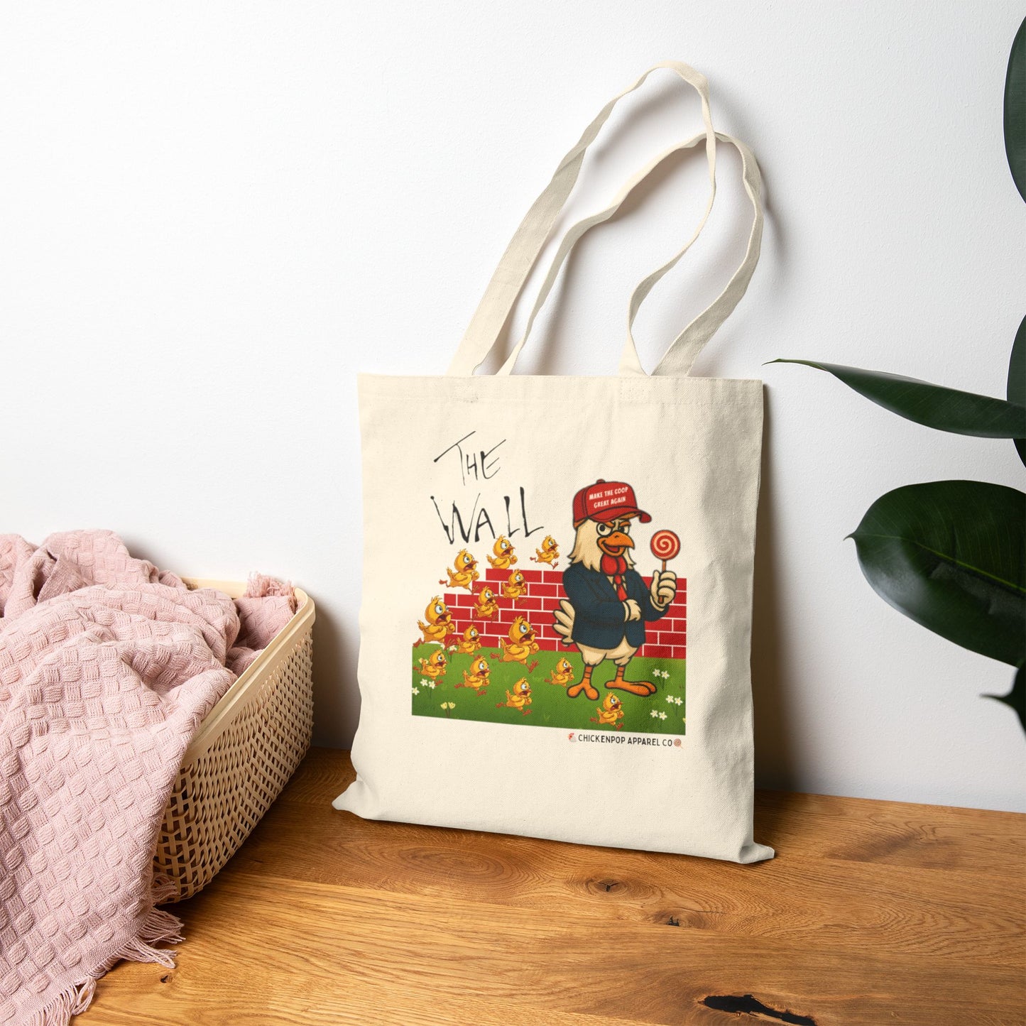 Another Chick Thru The Wall Canvas Tote Bag – Funny Political Chicken Graphic | Heavy-Duty Cotton in Natural or Black | Reusable Eco Satire Shopper