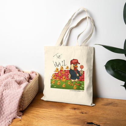 Another Chick Thru The Wall Canvas Tote Bag – Funny Political Chicken Graphic | Heavy-Duty Cotton in Natural or Black | Reusable Eco Satire Shopper