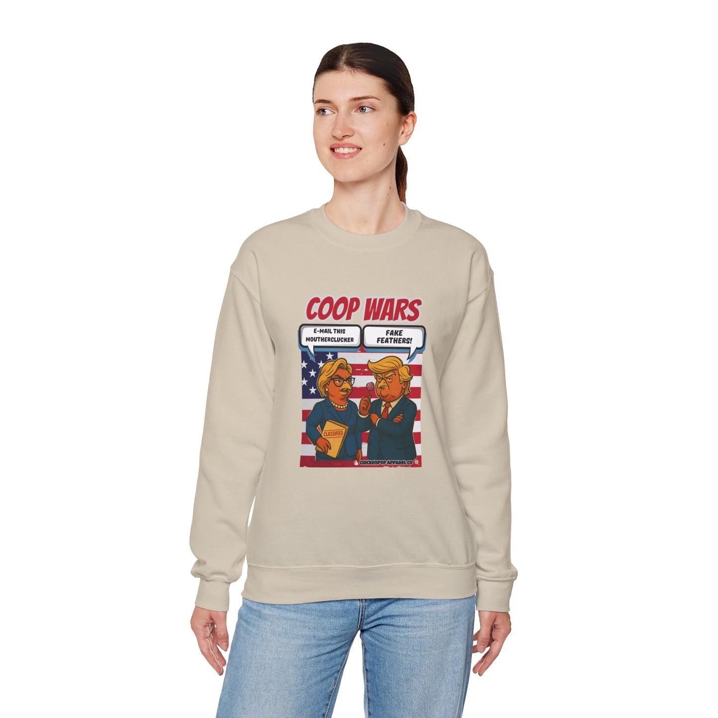 Coop Wars Crewneck Sweatshirt – Funny Political Graphic Pullover | Unisex Heavy Blend with ChickenPop Logo | Ethically Made & Cozy Cold-Weather Humor