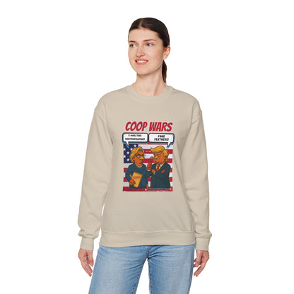 Coop Wars Crewneck Sweatshirt – Funny Political Graphic Pullover | Unisex Heavy Blend with ChickenPop Logo | Ethically Made & Cozy Cold-Weather Humor