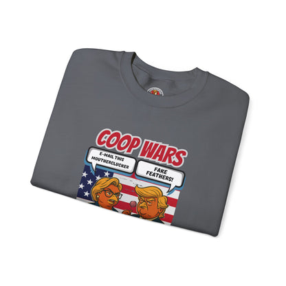 Coop Wars Crewneck Sweatshirt – Funny Political Graphic Pullover | Unisex Heavy Blend with ChickenPop Logo | Ethically Made & Cozy Cold-Weather Humor