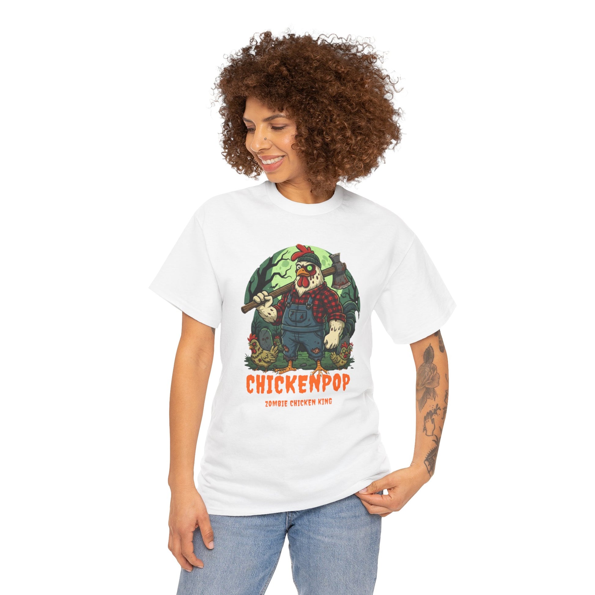 Unisex Zombie Chicken Shirt featuring a spooky chicken king in a forest scene with 'ChickenPop' text, perfect for Halloween costume parties.