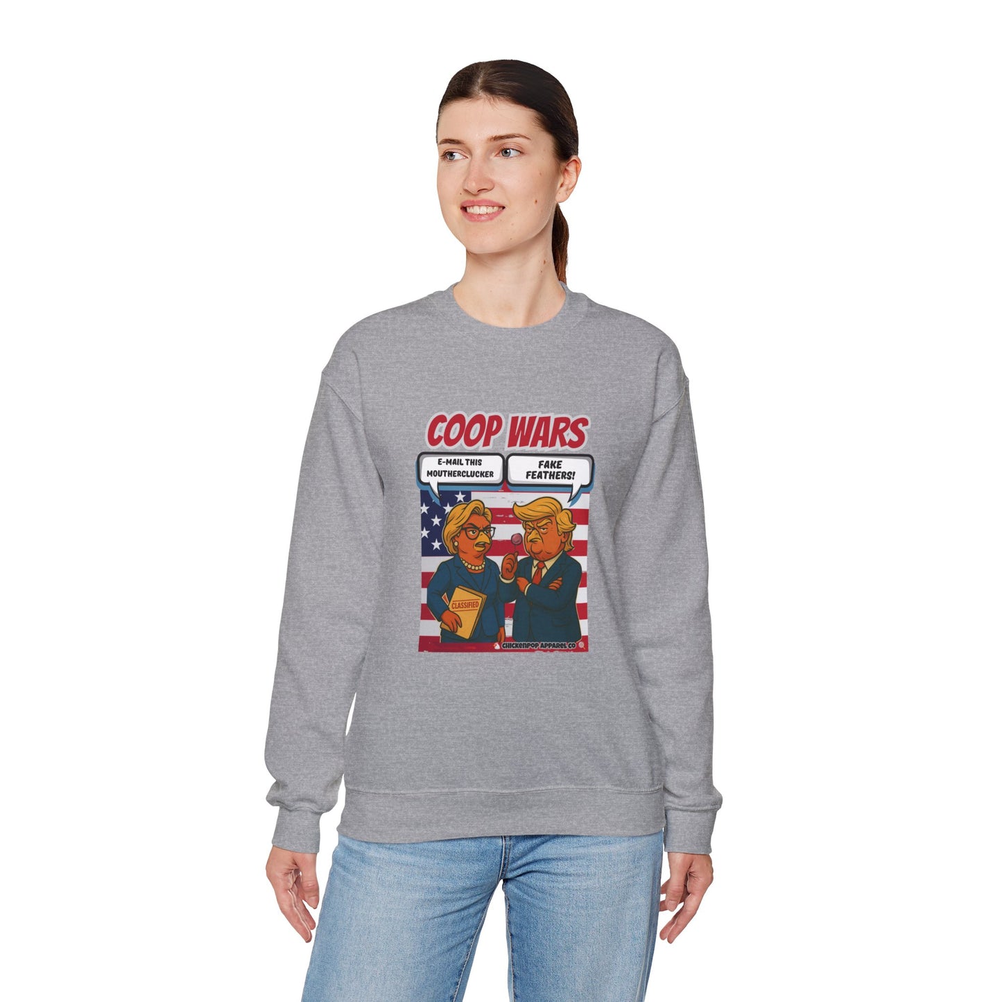 Coop Wars Crewneck Sweatshirt – Funny Political Graphic Pullover | Unisex Heavy Blend with ChickenPop Logo | Ethically Made & Cozy Cold-Weather Humor