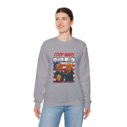Coop Wars Crewneck Sweatshirt – Funny Political Graphic Pullover | Unisex Heavy Blend with ChickenPop Logo | Ethically Made & Cozy Cold-Weather Humor