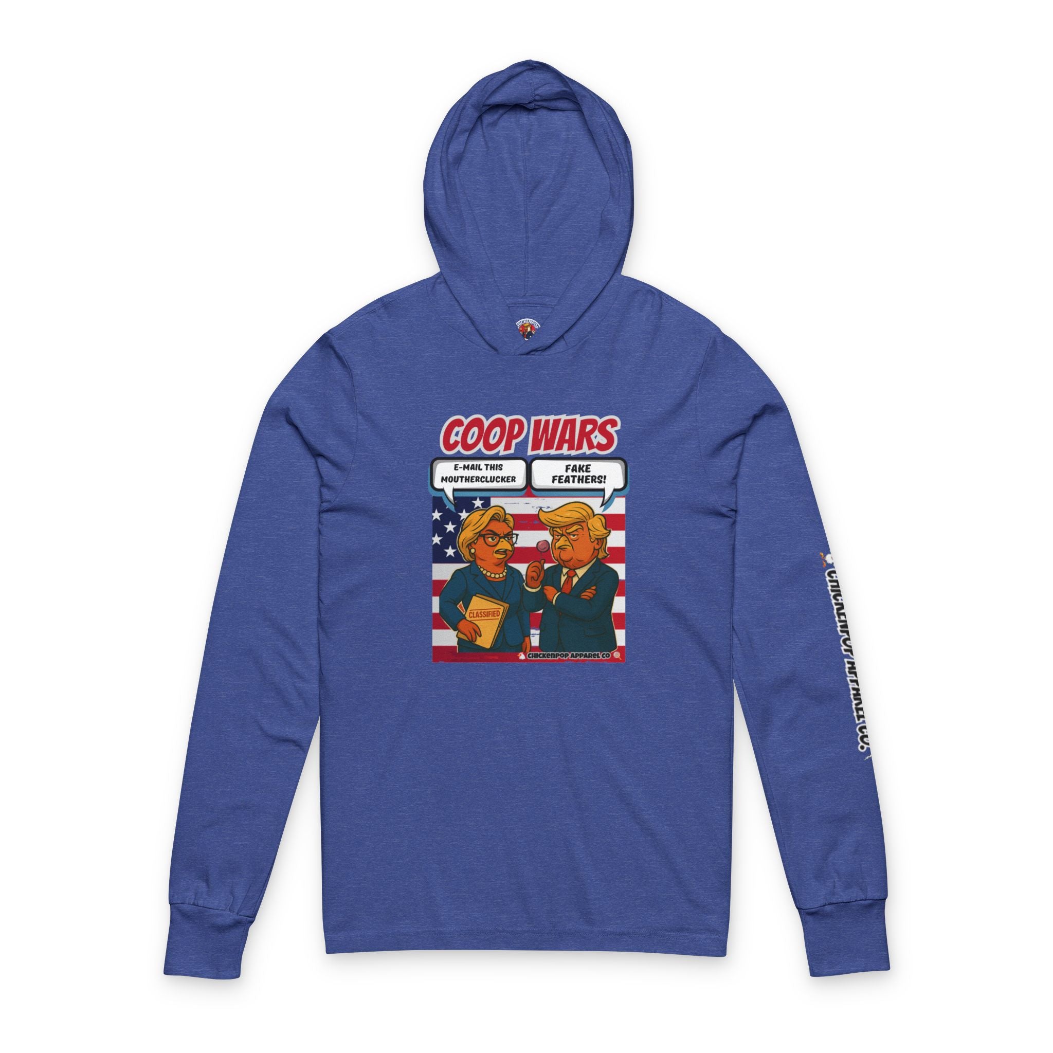Coop Wars Long Sleeve Hooded T-Shirt – Unisex Lightweight Hoodie Tee with ChickenPop Sleeve Logo | Funny Political Graphic Pullover for Everyday Rebels
