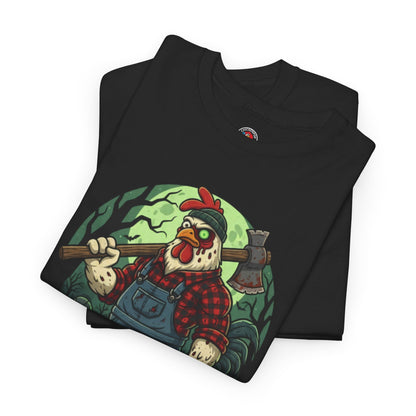 Zombie Chicken Shirt - King Halloween T-Shirt featuring a spooky chicken in overalls holding an axe under a full moon. Ideal for horror fans.