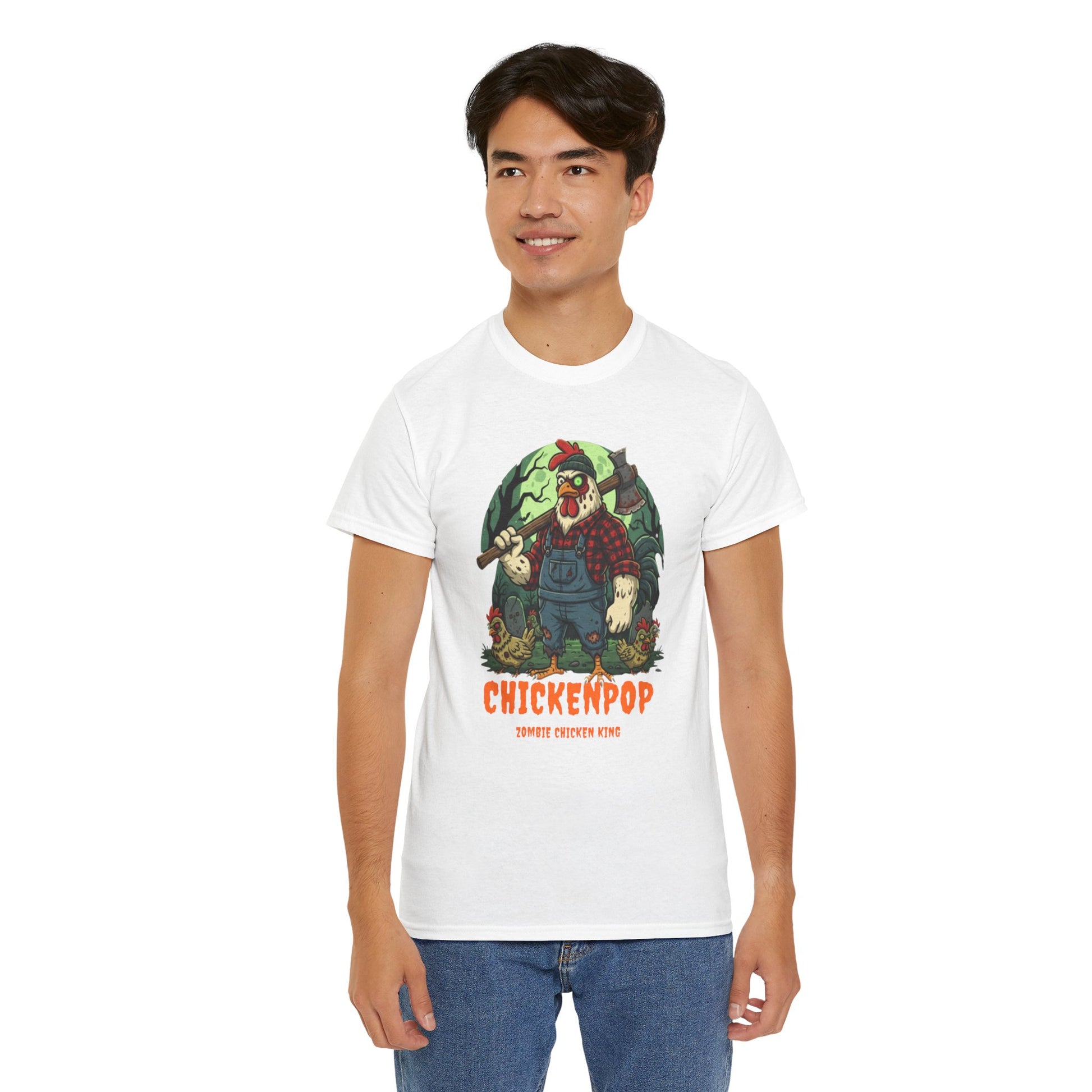 Zombie Chicken Shirt - King Halloween T-Shirt features a spooky cartoon chicken in overalls with an axe in a haunted forest. Unisex funny cotton tee.