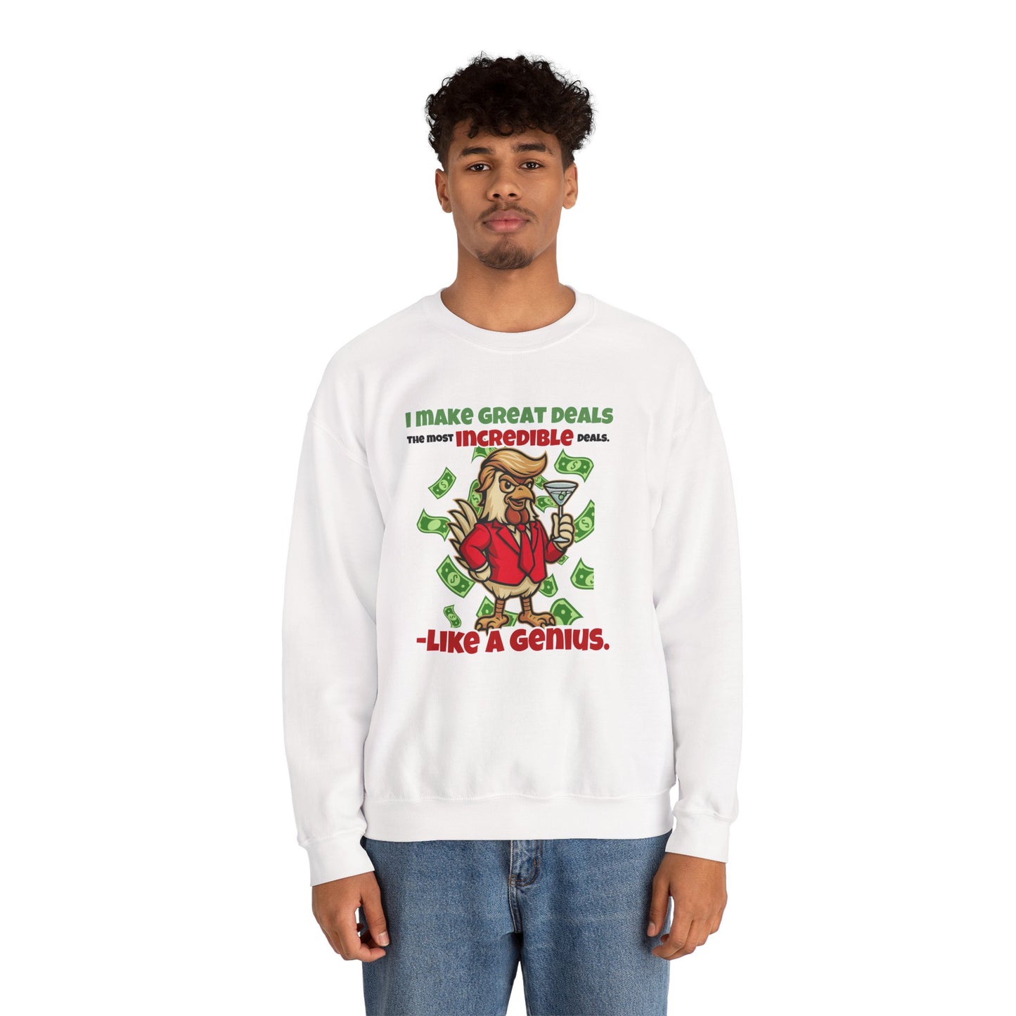 Like A Genius Crewneck Sweatshirt – Funny Political Graphic Pullover | Unisex Heavy Blend with ChickenPop Logo | Ethically Made & Cozy Cold-Weather Humor