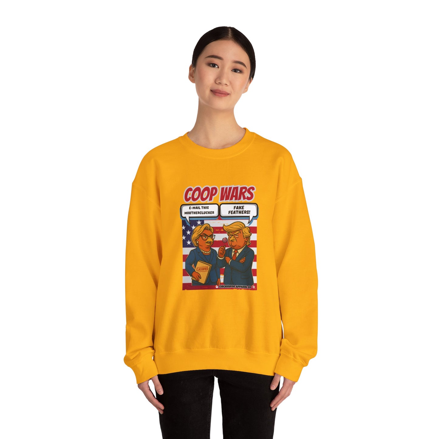 Coop Wars Crewneck Sweatshirt – Funny Political Graphic Pullover | Unisex Heavy Blend with ChickenPop Logo | Ethically Made & Cozy Cold-Weather Humor