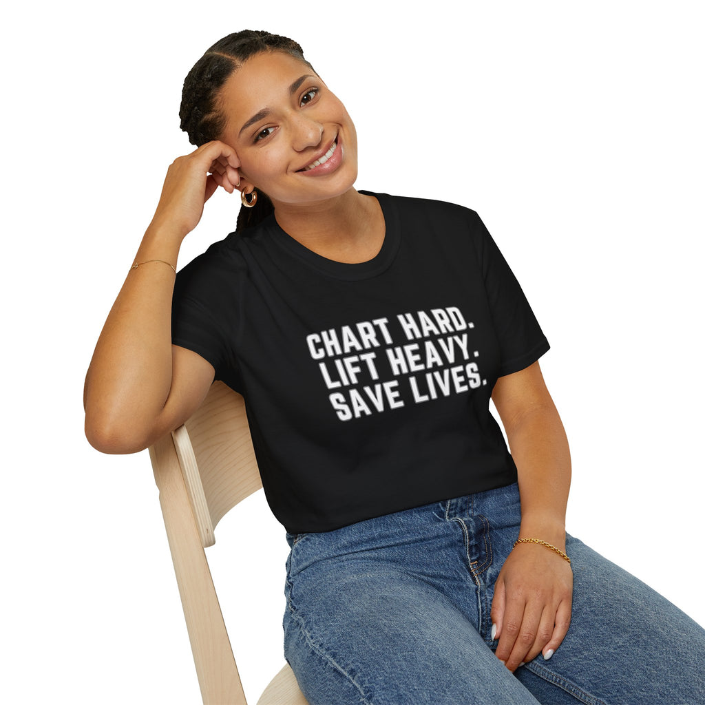 Chart Hard. Lift Heavy. Save Lives. Nurse Tee | Funny Fitness Healthcare Worker Shirt | Gym RN Apparel