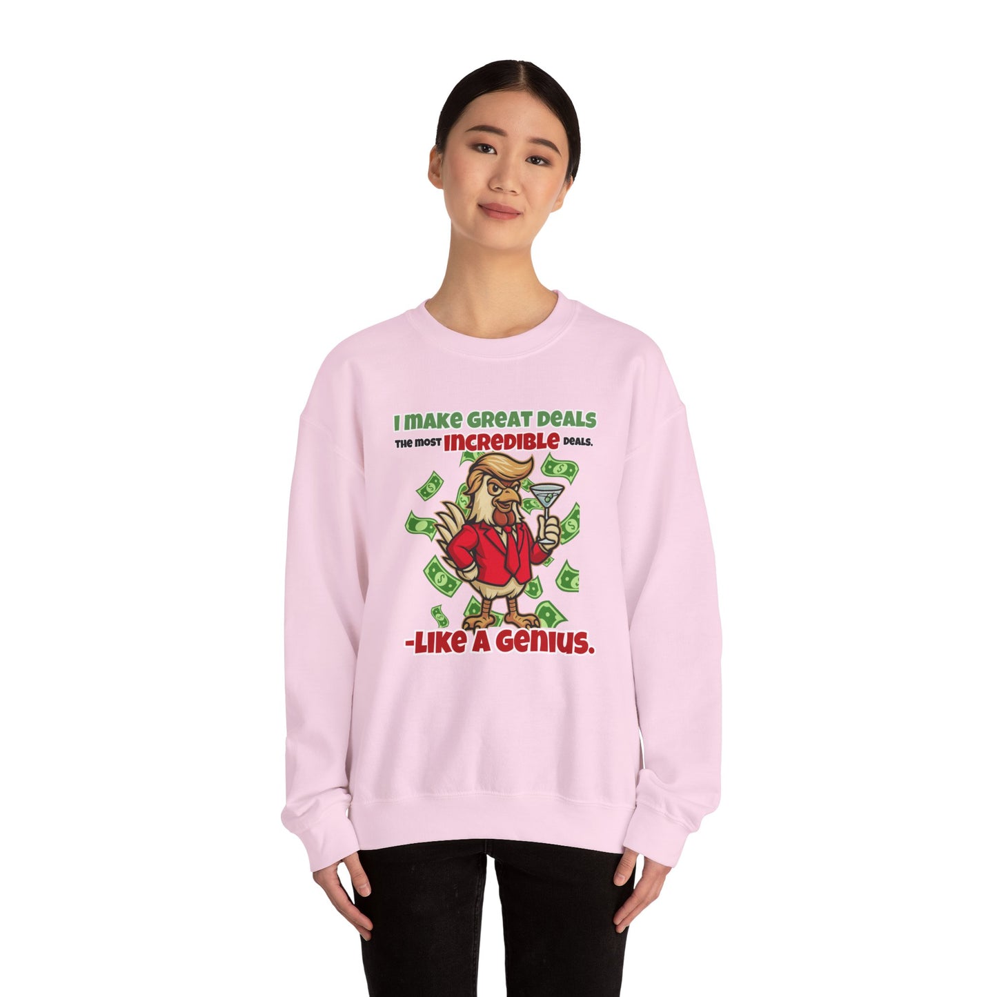 Like A Genius Crewneck Sweatshirt – Funny Political Graphic Pullover | Unisex Heavy Blend with ChickenPop Logo | Ethically Made & Cozy Cold-Weather Humor