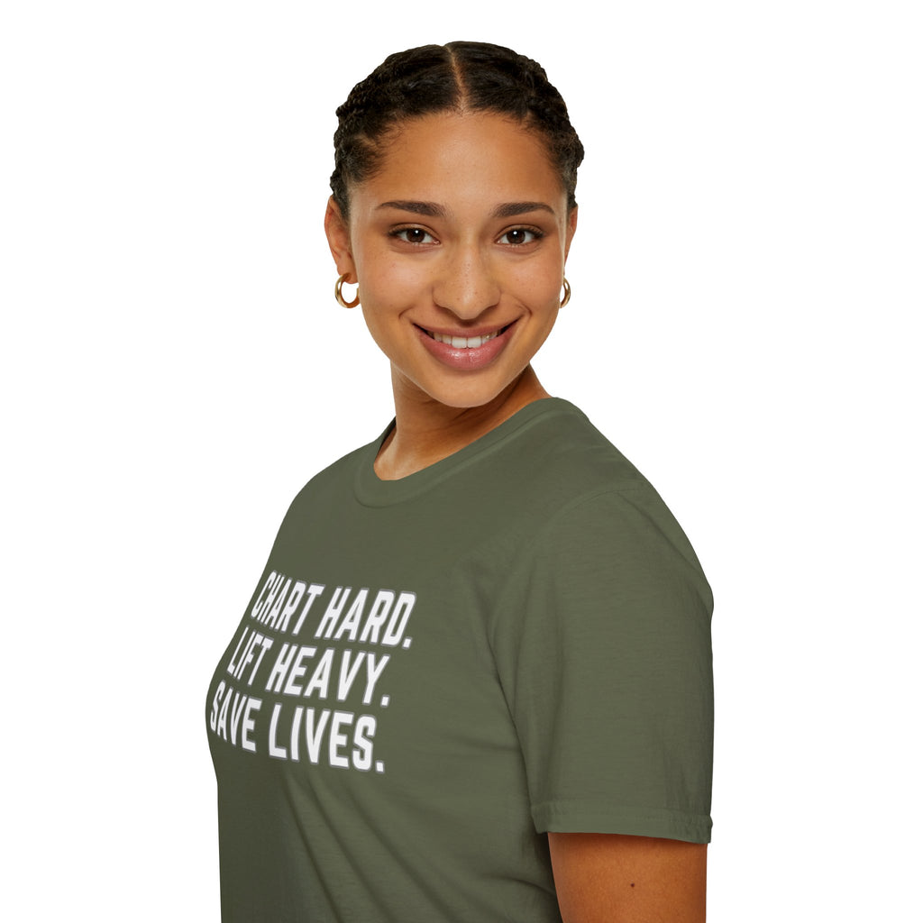 Chart Hard. Lift Heavy. Save Lives. Nurse Tee | Funny Fitness Healthcare Worker Shirt | Gym RN Apparel
