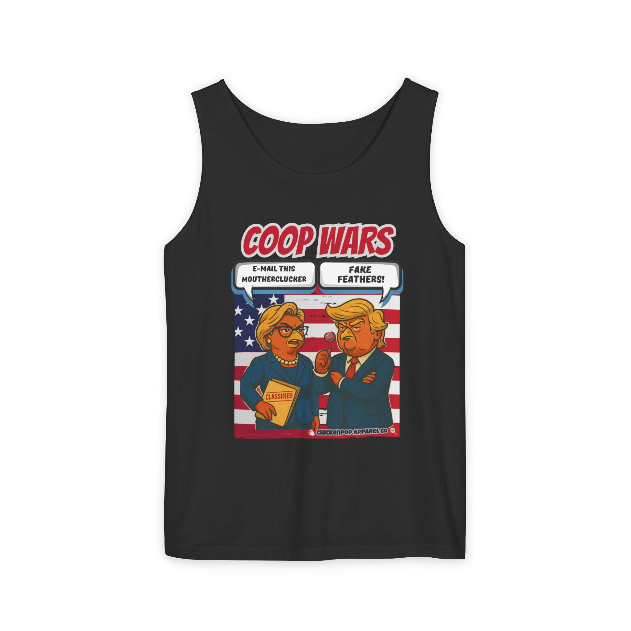 Coop Wars™ Unisex Tank Top – Hilaregg Cluckton vs. Cock-a-Doodle-Don | Political Satire Sleeveless Tee