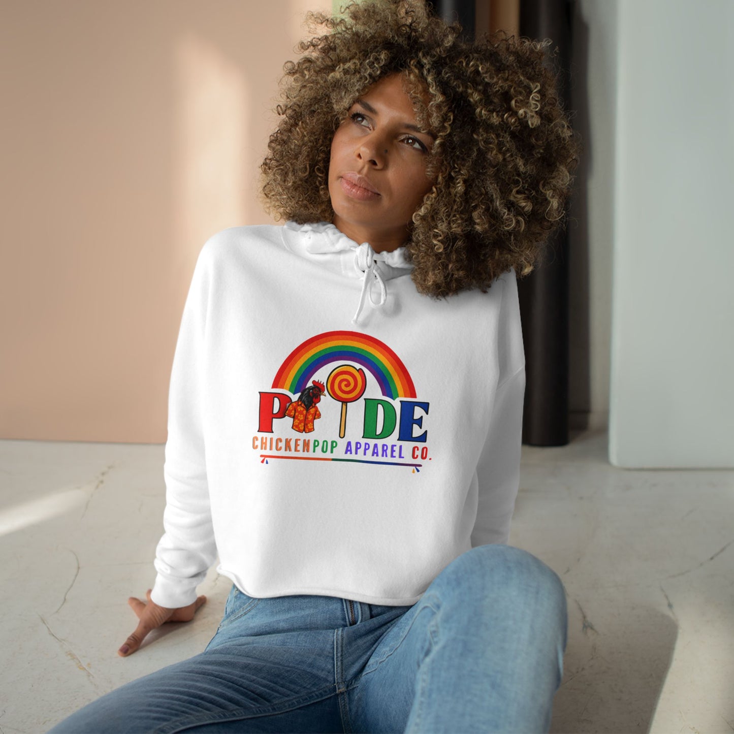 Big Chick Energy™ Pride Cropped Hoodie – Rainbow LGBTQ+ Logo with Coop Daddy & Lollipop Icon | ChickenPop Apparel