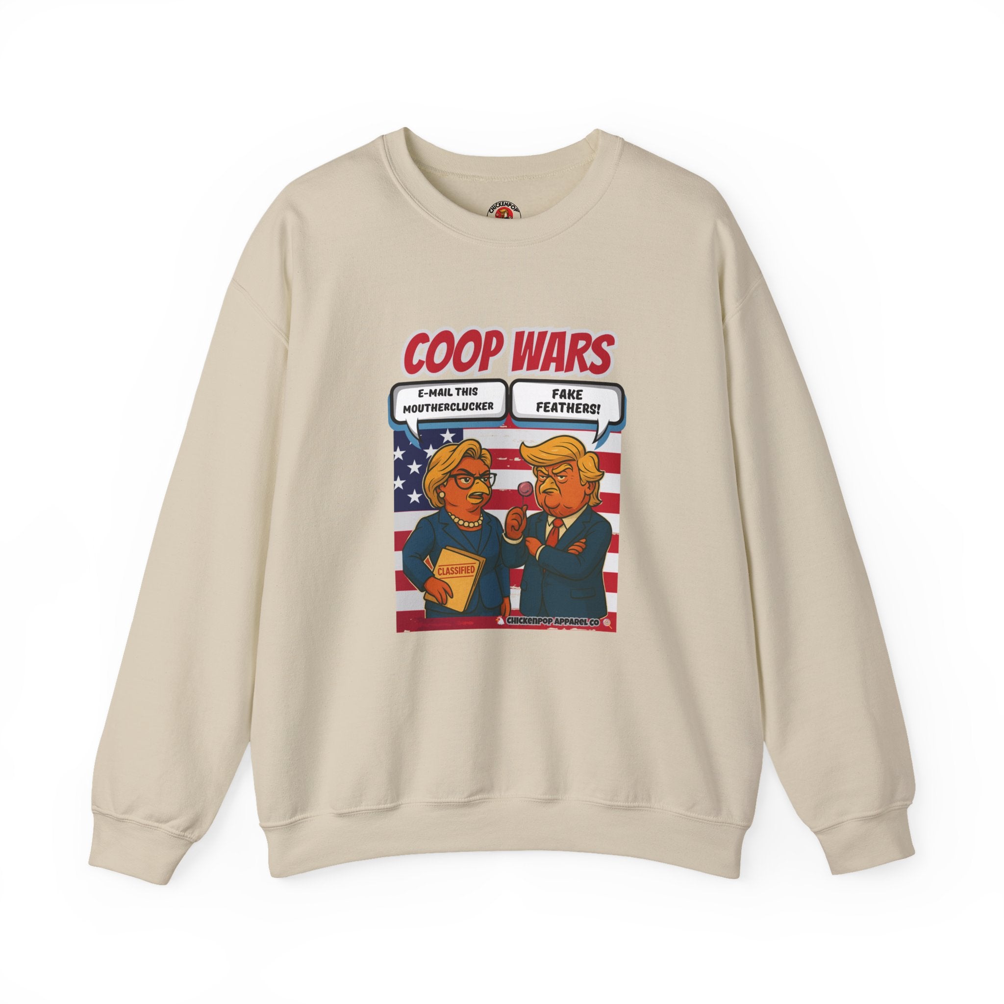 Coop Wars Crewneck Sweatshirt – Funny Political Graphic Pullover | Unisex Heavy Blend with ChickenPop Logo | Ethically Made & Cozy Cold-Weather Humor