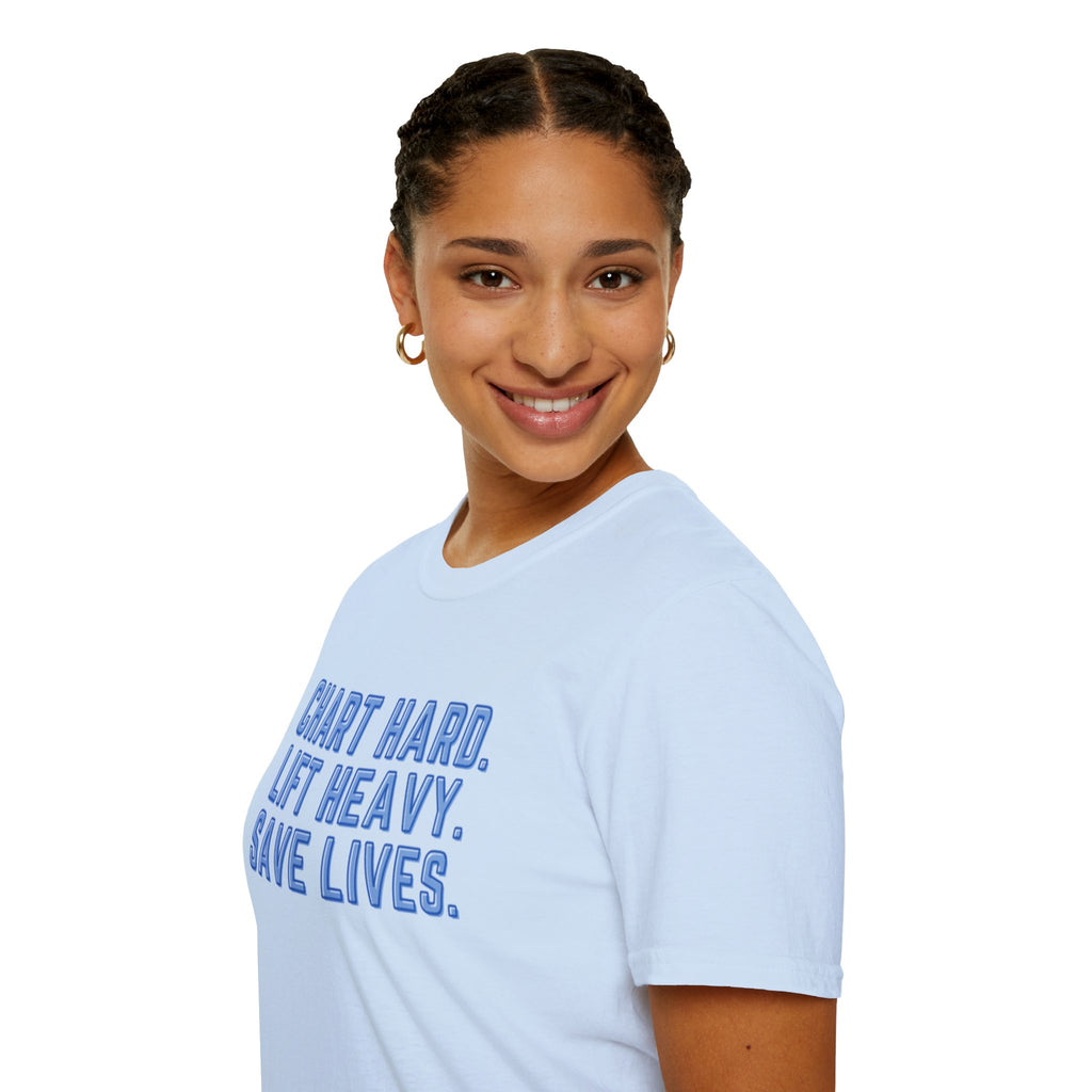 Chart Hard. Lift Heavy. Save Lives. Nurse Tee | Funny Fitness Healthcare Worker Shirt | Gym RN Apparel