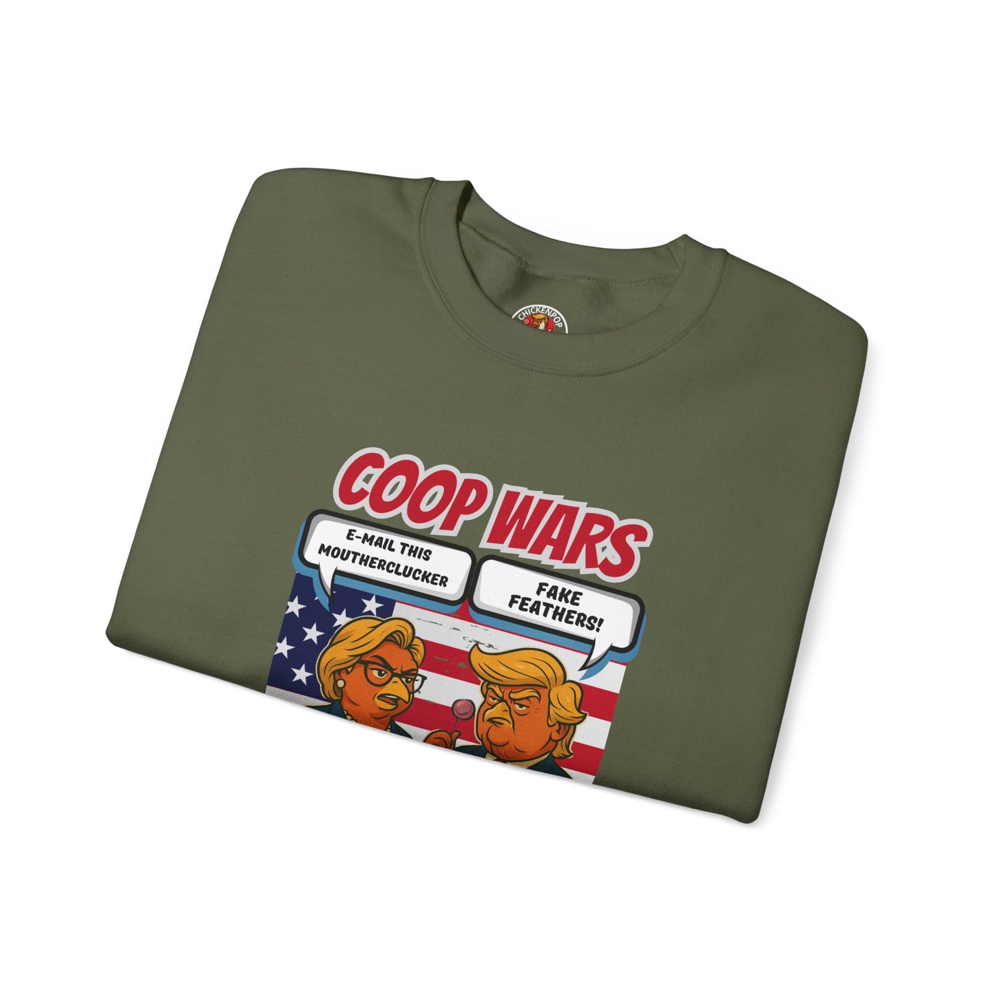 Coop Wars Crewneck Sweatshirt – Funny Political Graphic Pullover | Unisex Heavy Blend with ChickenPop Logo | Ethically Made & Cozy Cold-Weather Humor