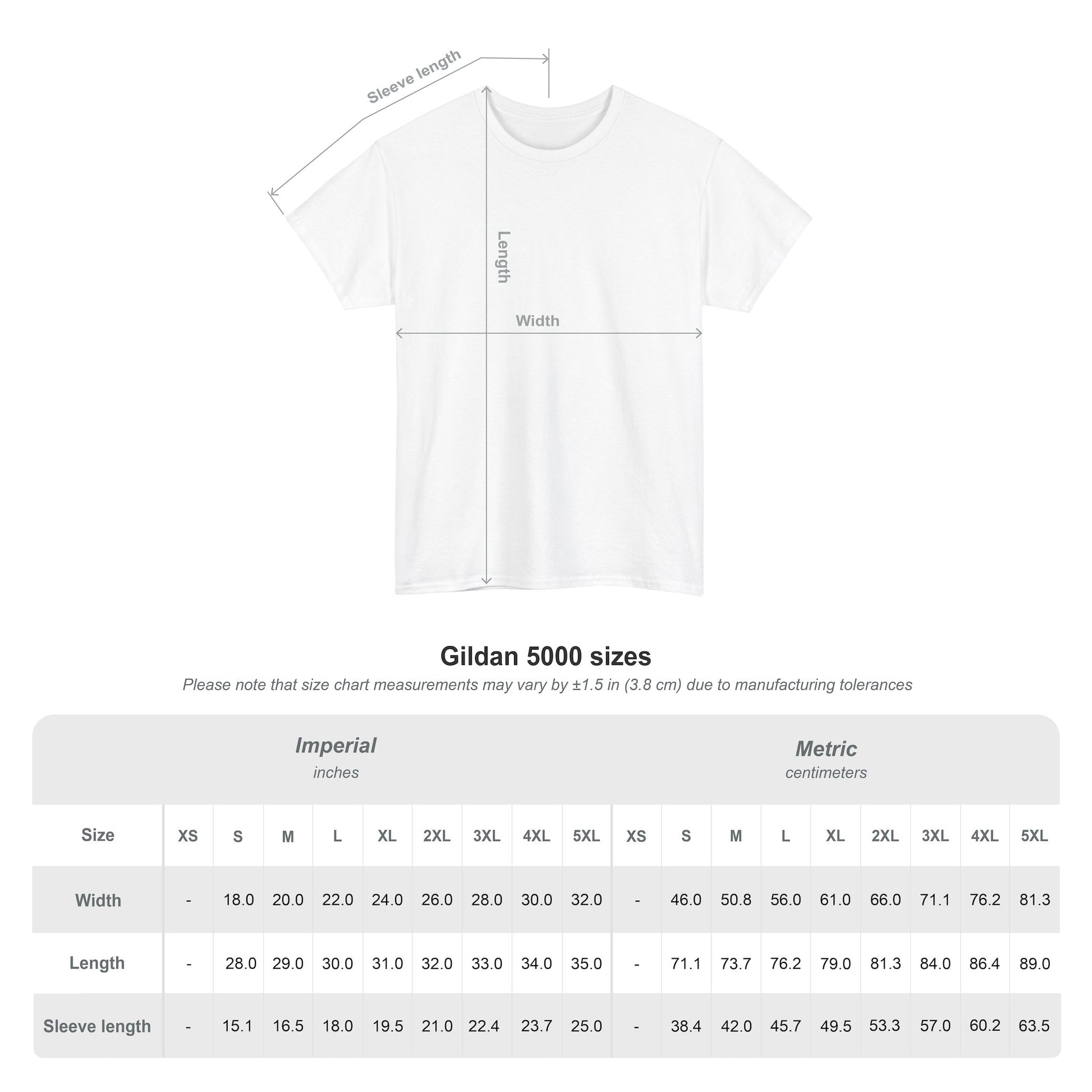 Gildan 5000 size chart for Zombie Chicken Shirt - King Halloween T-Shirt, showing sleeve, length, and width in inches and centimeters.