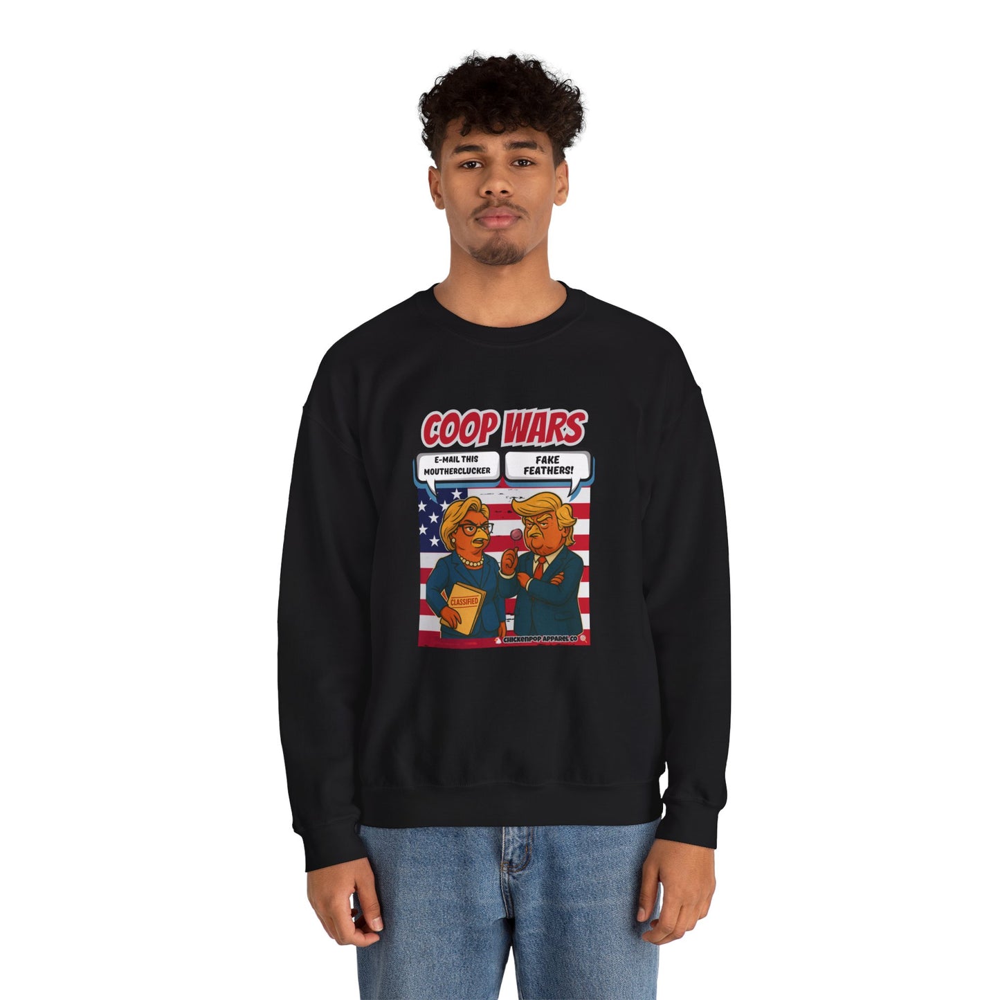 Coop Wars Crewneck Sweatshirt – Funny Political Graphic Pullover | Unisex Heavy Blend with ChickenPop Logo | Ethically Made & Cozy Cold-Weather Humor