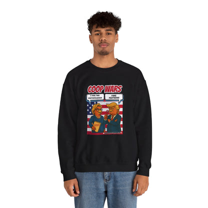Coop Wars Crewneck Sweatshirt – Funny Political Graphic Pullover | Unisex Heavy Blend with ChickenPop Logo | Ethically Made & Cozy Cold-Weather Humor