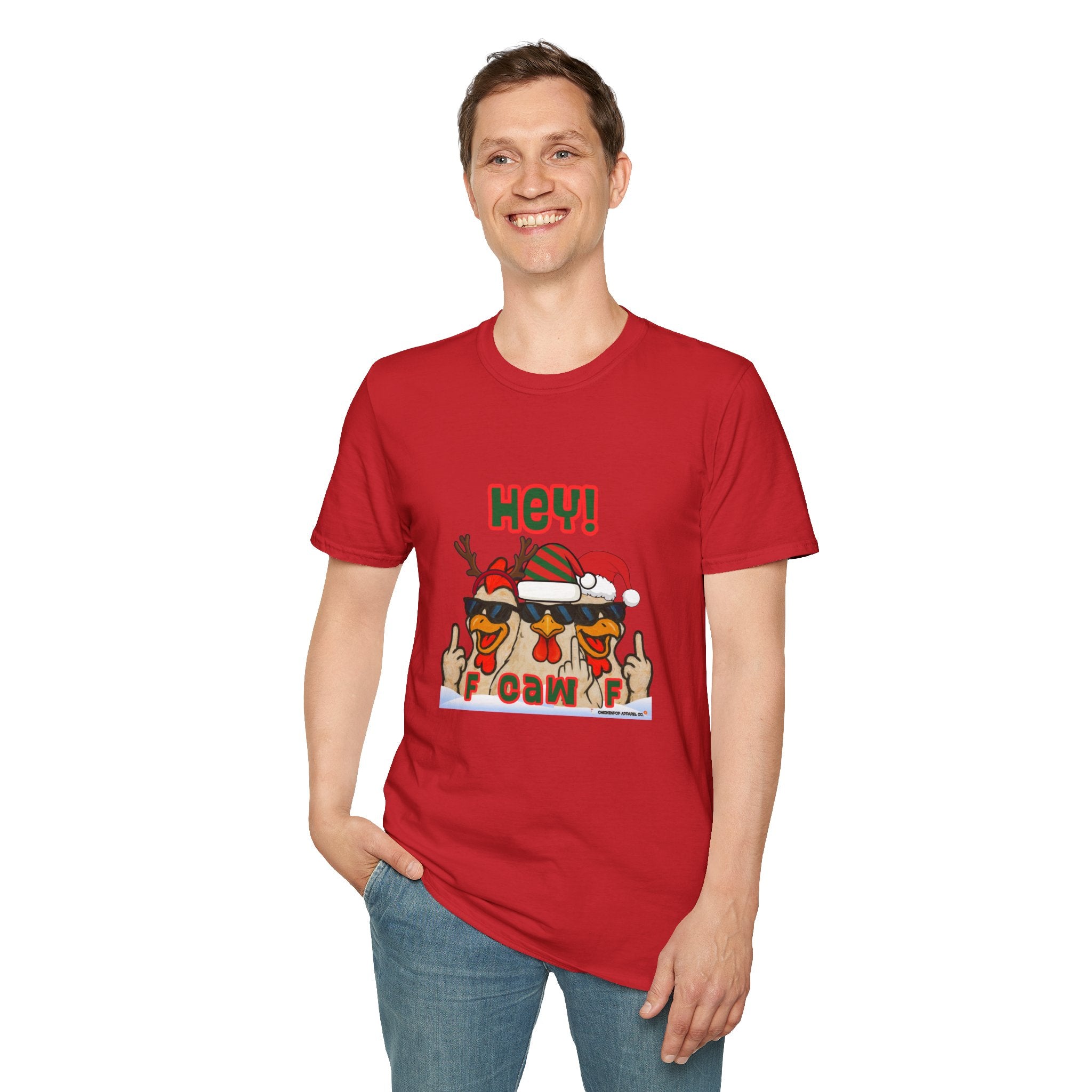 Hey! F CAW F Christmas Chicken T-Shirt | Funny Holiday Rooster Tee