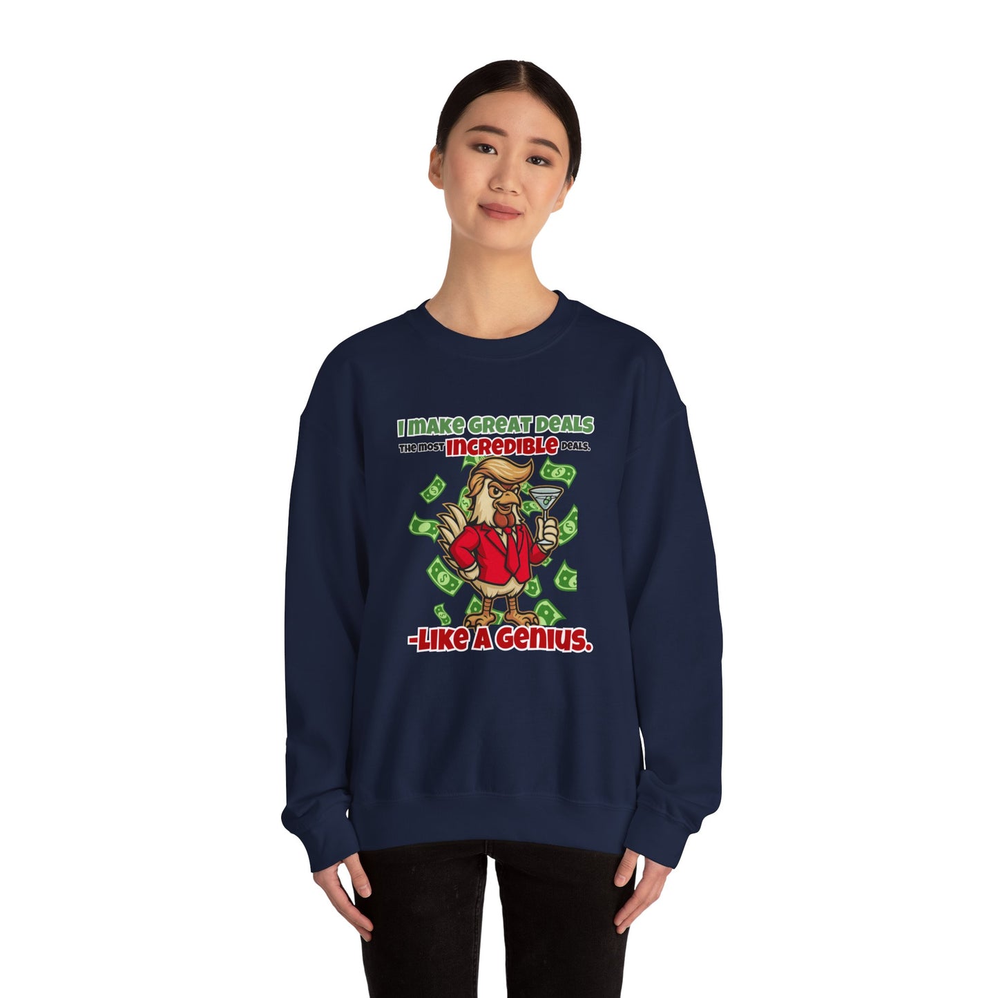 Like A Genius Crewneck Sweatshirt – Funny Political Graphic Pullover | Unisex Heavy Blend with ChickenPop Logo | Ethically Made & Cozy Cold-Weather Humor